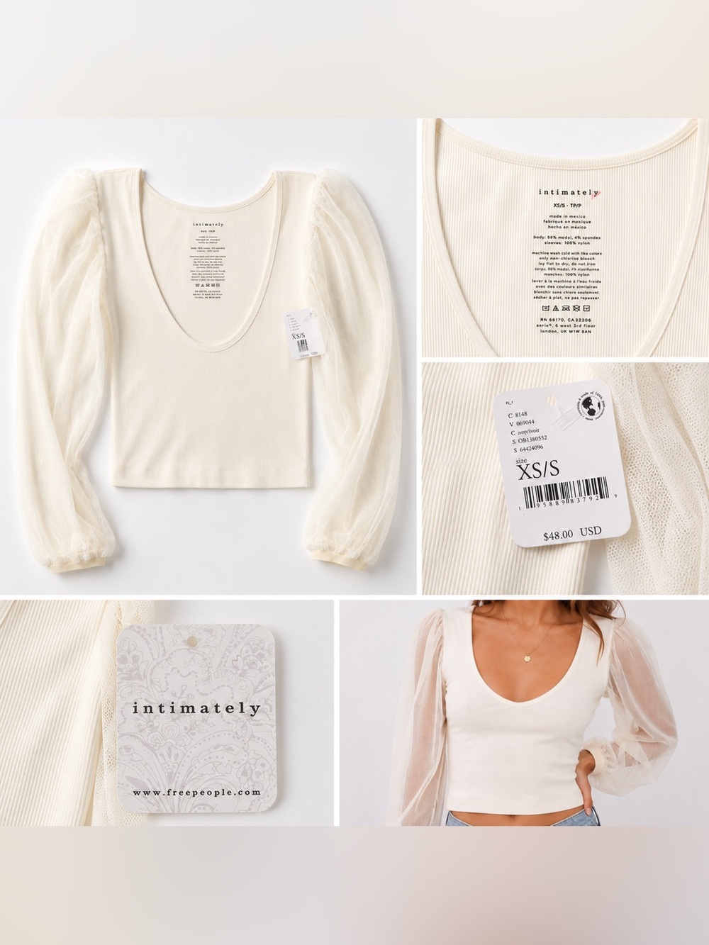 Free People Intimately Mesh Puff Sleeve Top | Ivory | XS/S | NWT